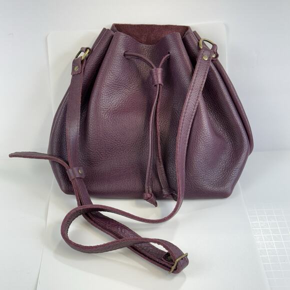 Portland Leather Goods Handbags - Portland Leather Goods Bucket Bag Purse Crossbody Plum Wine Color Drawstring